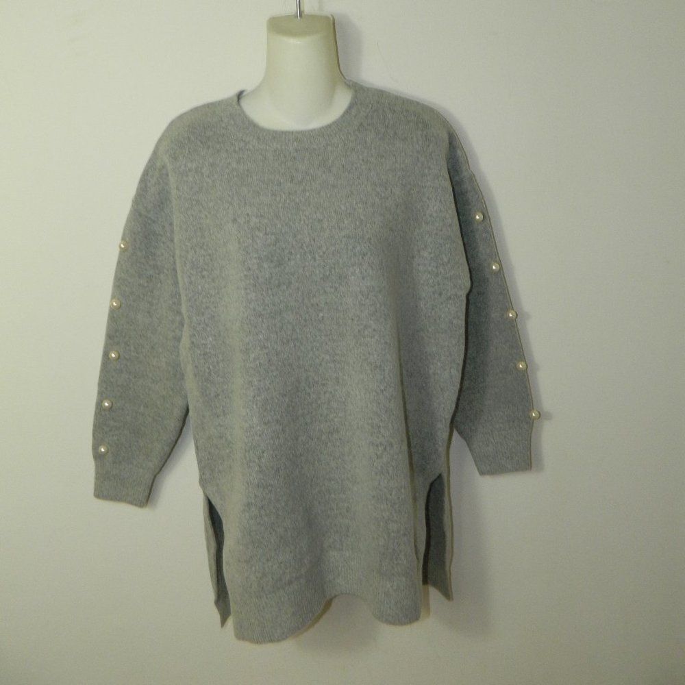 Zara Knits Sweater Grey‎  Pearls Sleeves Tunic Length Jumper